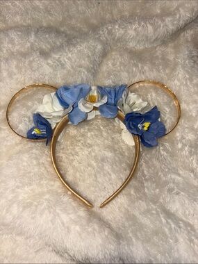Gold Flower Mouse Ear Headband with Blue and White Blooms